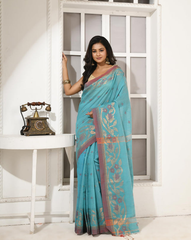 dB DESH BIDESH Women`s Cotton Silk Saree with Gold Zari Floral Woven Svarna Lata Design Soft Modal Silk Women Saree With Blouse Piece | Sari for women (Sky Blue)