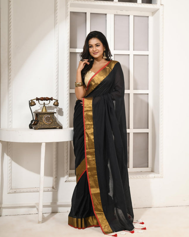 dB DESH BIDESH Women`s Soft Cotton Linen Silk Saree Pure Handloom Mul Cotton Saree For Women Black Affair Latest, Design Gold Zari Border Sarees With Blouse Piece