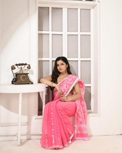 dB DESH BIDESH Women's Cotton Silk Soft Jamdani Saree Fancy Lace Border Jamdani Sarees For Women Without Blouse Piece