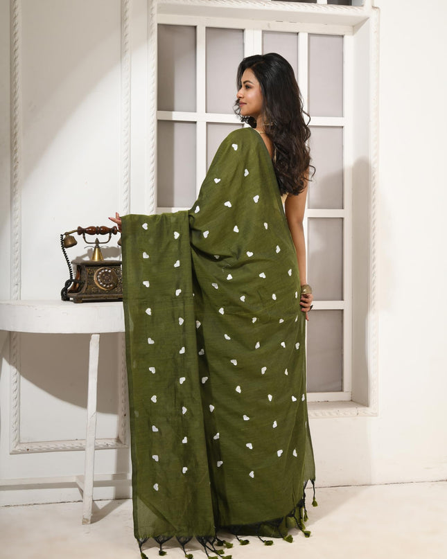 dB DESH BIDESH Women`s Cotton Sarees For Women Office Wear HeartBeat Embroidery Saree Design Soft Cotton Silk Saree With Blouse Piece (Green)