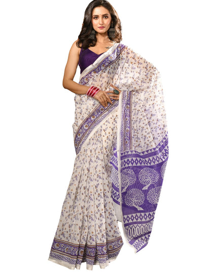 dB DESH BIDESH Women`s Cotton Saree for Woman | Saree for Woman Cotton Blend Kalpataru Printed Traditional Sari for Farewell Office Daily Wear with Blouse Piece (White Purple)