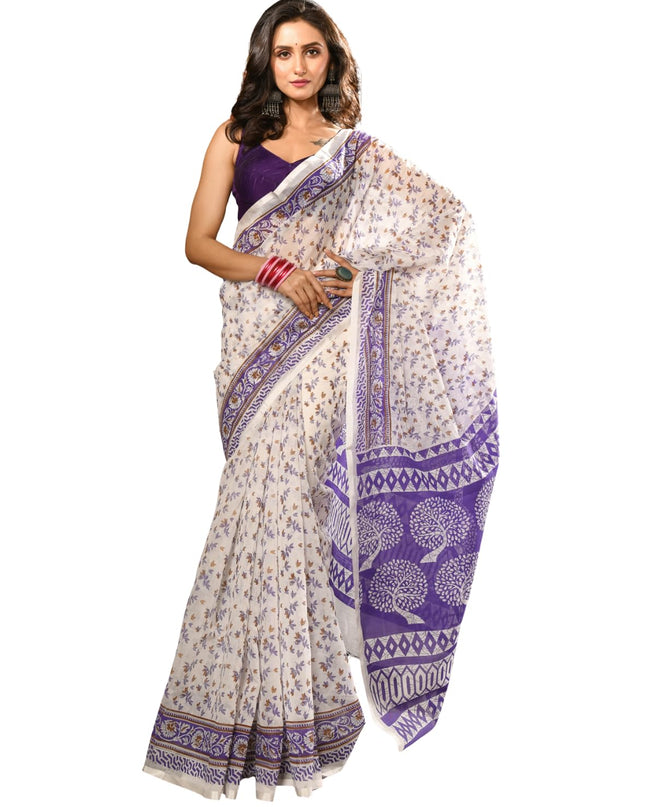 dB DESH BIDESH Women`s Cotton Saree for Woman | Saree for Woman Cotton Blend Kalpataru Printed Traditional Sari for Farewell Office Daily Wear with Blouse Piece (White Purple)