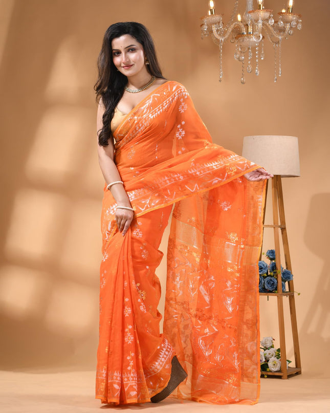 dB DESH BIDESH Women's Soft Cotton Silk Jamdani Sarees For Women for Party, Wear Linen Silk Saree Zarikatha Design Cotton saree for woman Without Blouse piece (Lemon Orange)