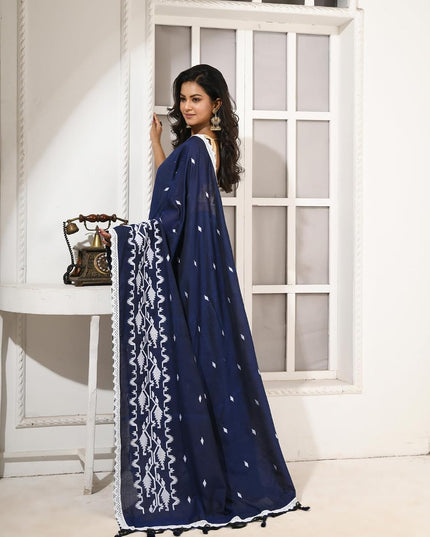 dB DESH BIDESH Women`s Cotton Saree For Woman Pallavika Embroidery Saree Design Soft Cotton Silk Fancy Lace Border Saree with Blouse