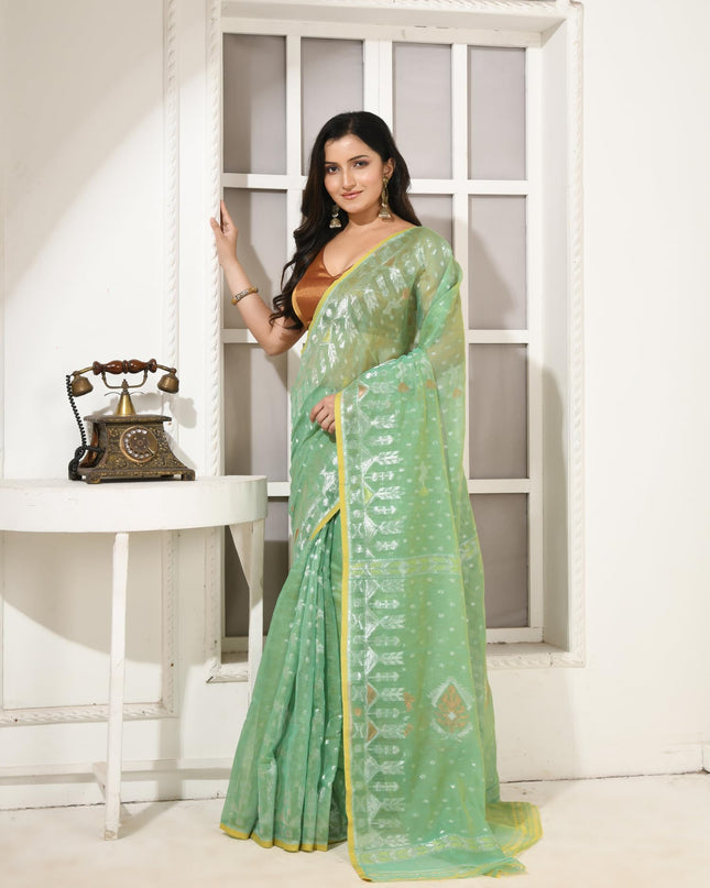 dB DESH BIDESH Women's Soft Cotton Silk Jamdani Sarees For Women for Party Festival Wedding Silk Saree GlamQueen Gold Work Design Without Blouse piece (Mint Green)