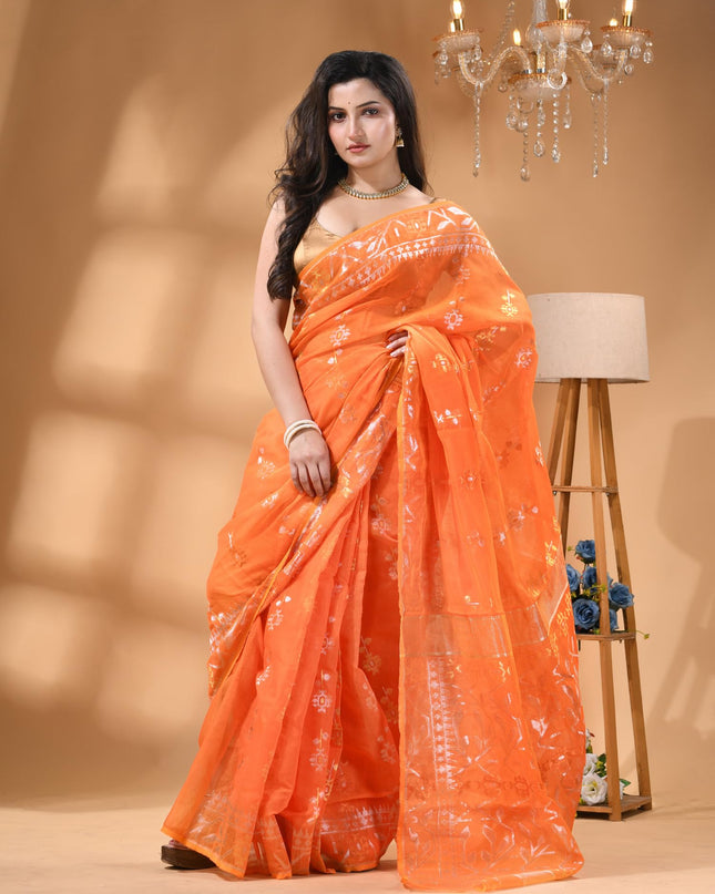 dB DESH BIDESH Women's Soft Cotton Silk Jamdani Sarees For Women for Party, Wear Linen Silk Saree Zarikatha Design Cotton saree for woman Without Blouse piece (Lemon Orange)