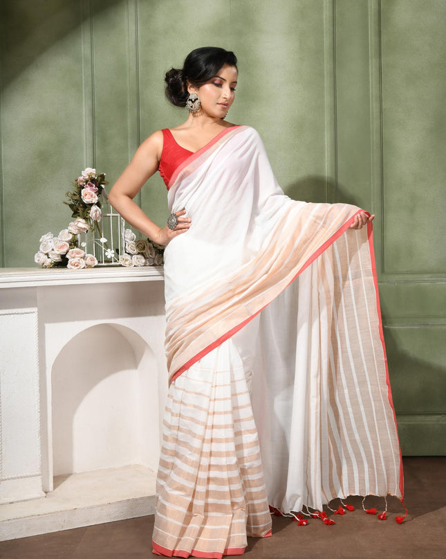 Linen Party Wear White Red Golden Saree
