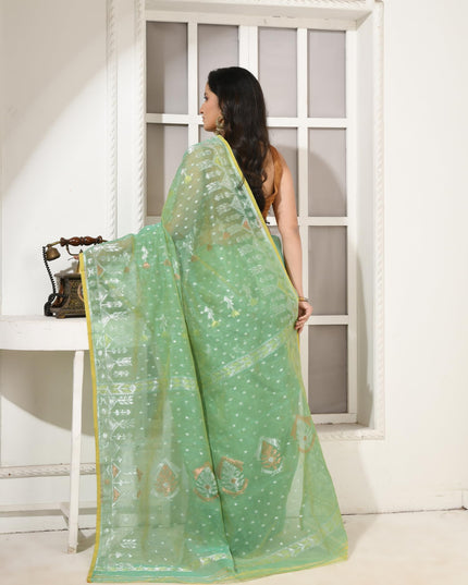dB DESH BIDESH Women's Soft Cotton Silk Jamdani Sarees For Women for Party Festival Wedding Silk Saree GlamQueen Gold Work Design Without Blouse piece (Mint Green)