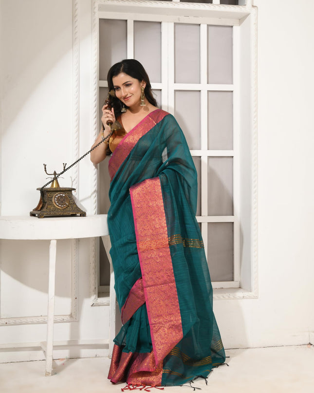 dB DESH BIDESH Women's Soft Cotton Linen Saree For Woman Kolkamoyee Trendy festival Silk Saree For Wedding Banarasi Style Pallu Sari With Blouse Piece (Bottle Green)
