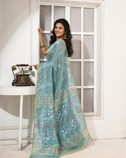dB DESH BIDESH Women's Soft Cotton Silk Jamdani Sarees For Women for Party, Wear Linen Silk Saree Zarikatha Design Cotton saree for woman Without Blouse piece (Firoza)