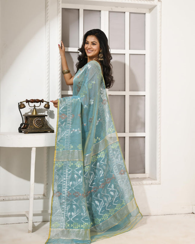 dB DESH BIDESH Women's Soft Cotton Silk Jamdani Sarees For Women for Party, Wear Linen Silk Saree Zarikatha Design Cotton saree for woman Without Blouse piece (Firoza)
