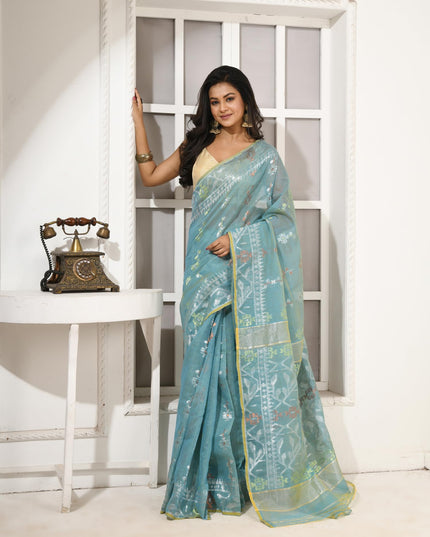 dB DESH BIDESH Women's Soft Cotton Silk Jamdani Sarees For Women for Party, Wear Linen Silk Saree Zarikatha Design Cotton saree for woman Without Blouse piece (Firoza)