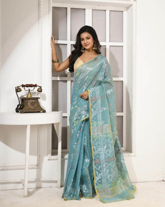 dB DESH BIDESH Women's Soft Cotton Silk Jamdani Sarees For Women for Party, Wear Linen Silk Saree Zarikatha Design Cotton saree for woman Without Blouse piece (Firoza)