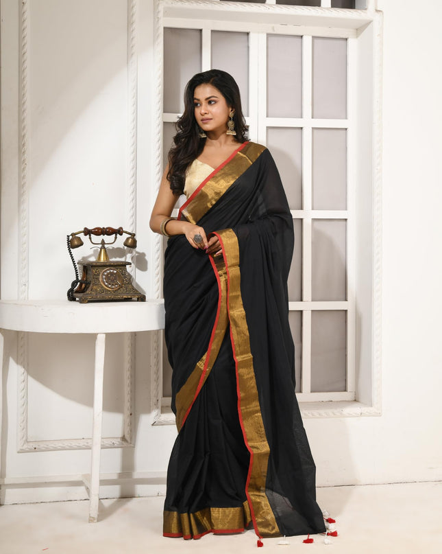 dB DESH BIDESH Women`s Soft Cotton Linen Silk Saree Pure Handloom Mul Cotton Saree For Women Black Affair Latest, Design Gold Zari Border Sarees With Blouse Piece