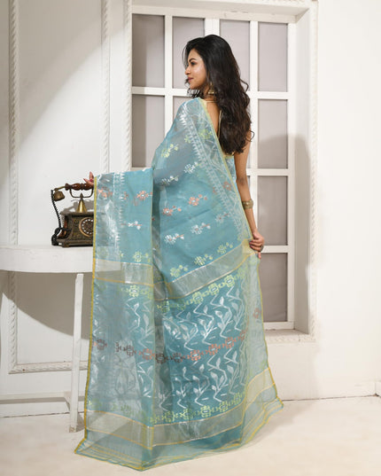 dB DESH BIDESH Women's Soft Cotton Silk Jamdani Sarees For Women for Party, Wear Linen Silk Saree Zarikatha Design Cotton saree for woman Without Blouse piece (Firoza)