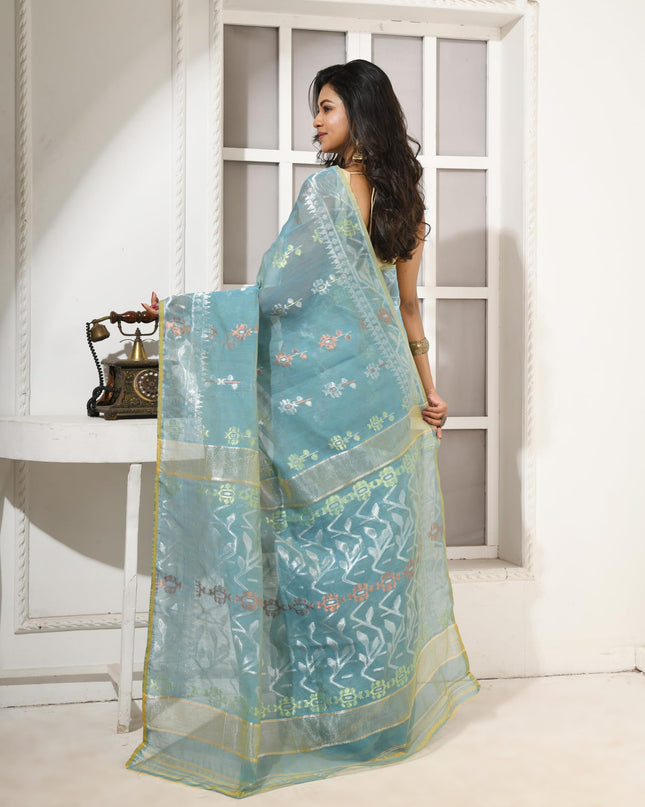 dB DESH BIDESH Women's Soft Cotton Silk Jamdani Sarees For Women for Party, Wear Linen Silk Saree Zarikatha Design Cotton saree for woman Without Blouse piece (Firoza)