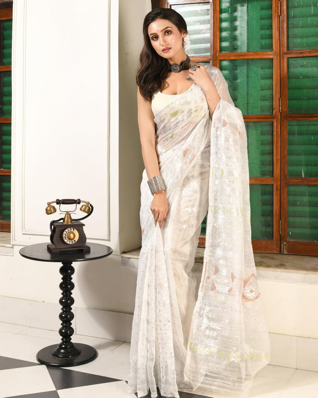 dB DESH BIDESH Women's Soft Cotton Silk Jamdani Sarees For Women for Party Festival Wedding Silk Saree GlamQueen Gold Work Design Without Blouse piece (White Saree)