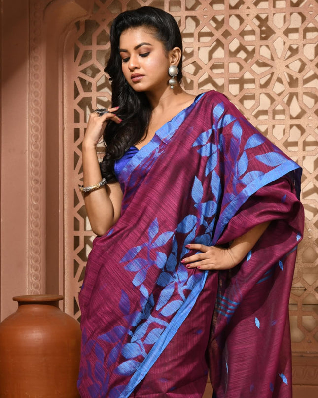 dB DESH BIDESH Women`s Cotton Linen Saree with Unstitched Blouse Piece and Floral Printed Pattern | Women Saree for Special Occasion | Stylish Fancy Cotton Silk Sarees (Wine Red)