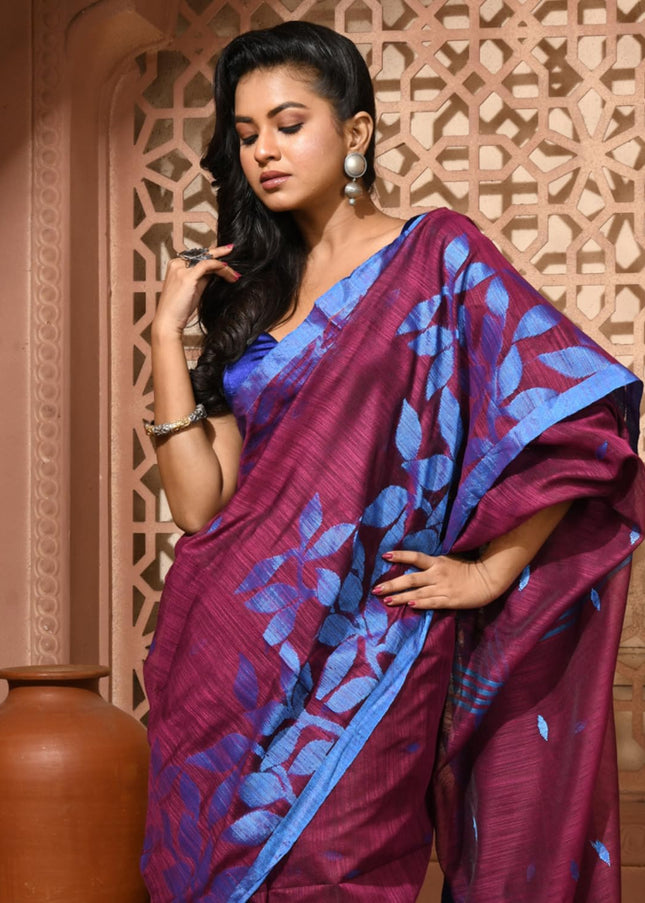 dB DESH BIDESH Women`s Cotton Linen Saree with Unstitched Blouse Piece and Floral Printed Pattern | Women Saree for Special Occasion | Stylish Fancy Cotton Silk Sarees (Wine Red)