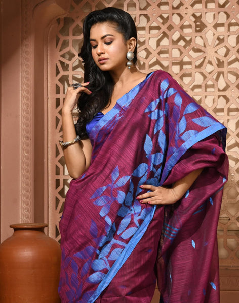 dB DESH BIDESH Women`s Cotton Linen Saree with Unstitched Blouse Piece and Floral Printed Pattern | Women Saree for Special Occasion | Stylish Fancy Cotton Silk Sarees (Wine Red)