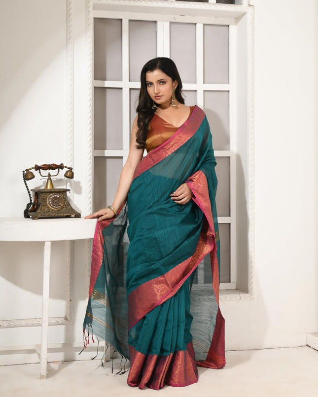 dB DESH BIDESH Women's Soft Cotton Linen Saree For Woman Kolkamoyee Trendy festival Silk Saree For Wedding Banarasi Style Pallu Sari With Blouse Piece (Bottle Green)