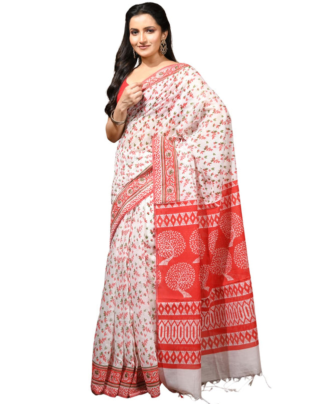 dB DESH BIDESH Women`s Cotton Saree for Woman | Saree for Woman Cotton Blend Kalpataru Printed Traditional Sari for Farewell Office Daily Wear with Blouse Piece (White Red)