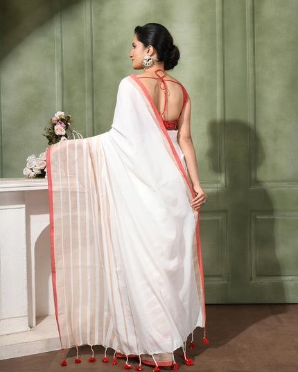 Linen Party Wear White Red Golden Saree