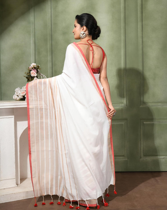 Linen Party Wear White Red Golden Saree