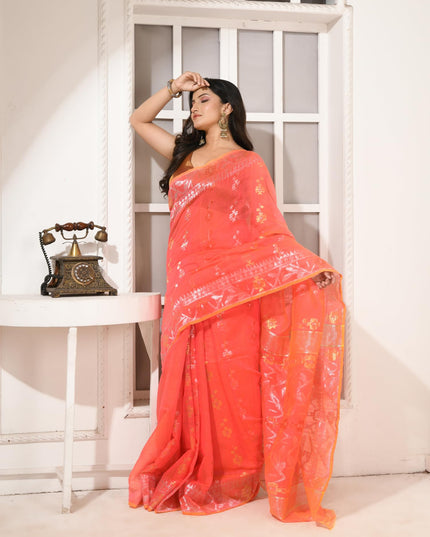 dB DESH BIDESH Women's Soft Cotton Silk Jamdani Sarees For Women for Party, Wear Linen Silk Saree Zarikatha Design Cotton saree for woman Without Blouse piece (Dark Orange)
