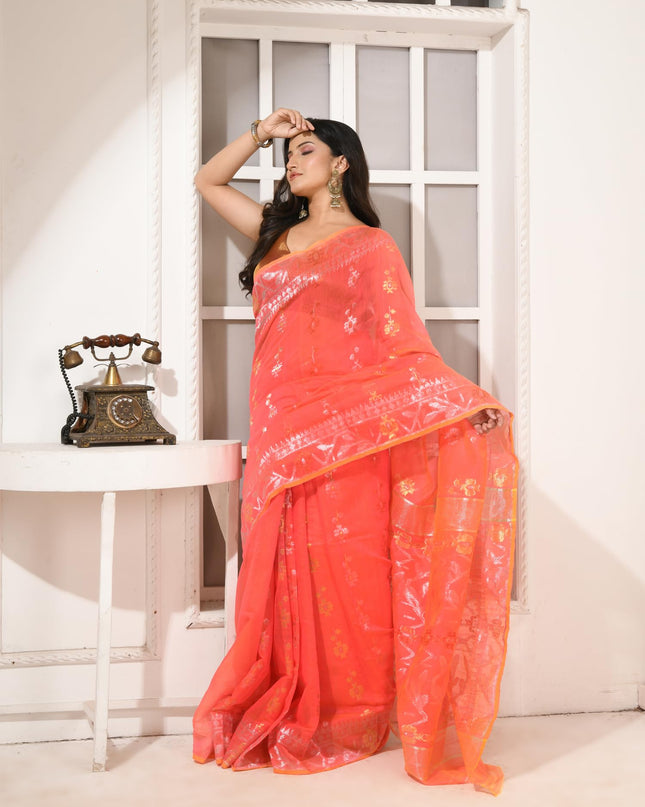 dB DESH BIDESH Women's Soft Cotton Silk Jamdani Sarees For Women for Party, Wear Linen Silk Saree Zarikatha Design Cotton saree for woman Without Blouse piece (Dark Orange)