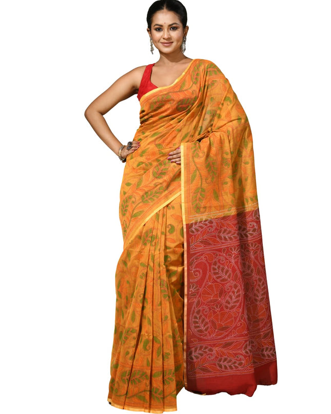 dB DESH BIDESH Women`s Cotton Saree For Woman Nakshakata Leaf kolka Embroidery Printed Trendy Soft Cotton Silk Women Sarees with Blouse Piece (YELLOW RED)