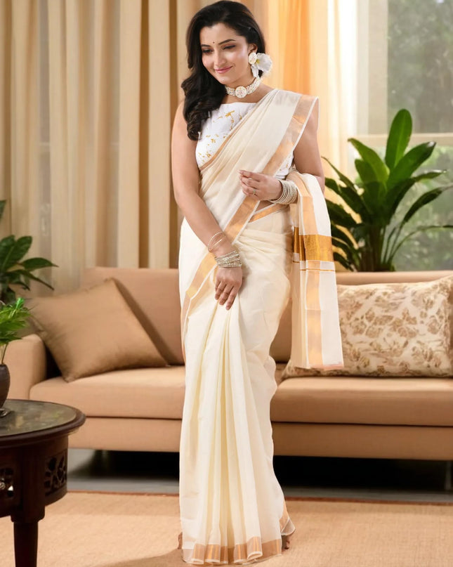Tant Handloom Cotton White & Golden Saree