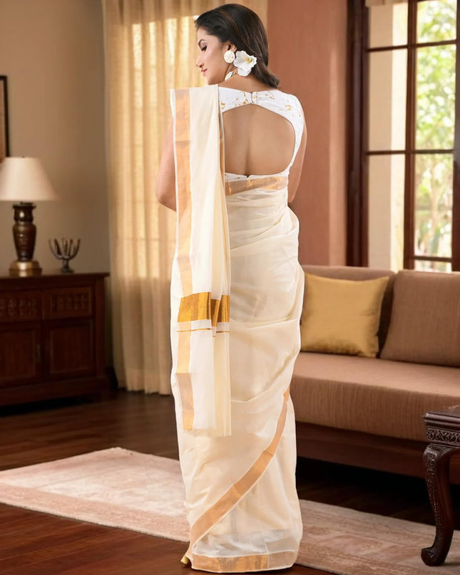 Tant Handloom Cotton White & Golden Saree