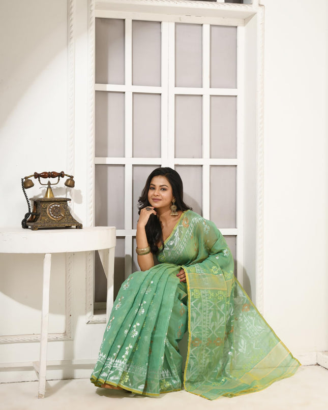 dB DESH BIDESH Women's Soft Cotton Silk Jamdani Sarees For Women for Party, Wear Linen Silk Saree Zarikatha Design Cotton saree for woman Without Blouse piece (Green)