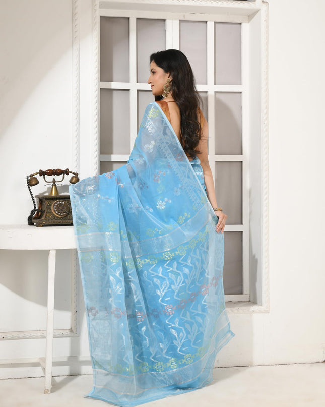 dB DESH BIDESH Women's Soft Cotton Silk Jamdani Sarees For Women for Party, Wear Linen Silk Saree Zarikatha Design Cotton saree for woman Without Blouse piece (Blue)