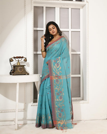 dB DESH BIDESH Women`s Cotton Silk Saree with Gold Zari Floral Woven Svarna Lata Design Soft Modal Silk Women Saree With Blouse Piece | Sari for women (Sky Blue)