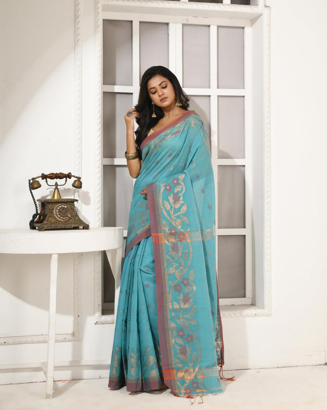 dB DESH BIDESH Women`s Cotton Silk Saree with Gold Zari Floral Woven Svarna Lata Design Soft Modal Silk Women Saree With Blouse Piece | Sari for women (Sky Blue)