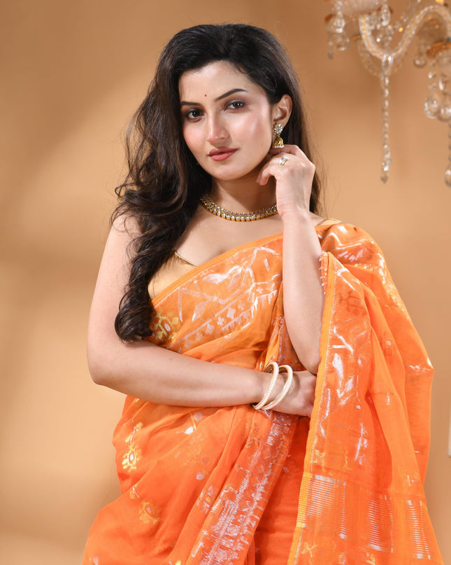 dB DESH BIDESH Women's Soft Cotton Silk Jamdani Sarees For Women for Party, Wear Linen Silk Saree Zarikatha Design Cotton saree for woman Without Blouse piece (Lemon Orange)
