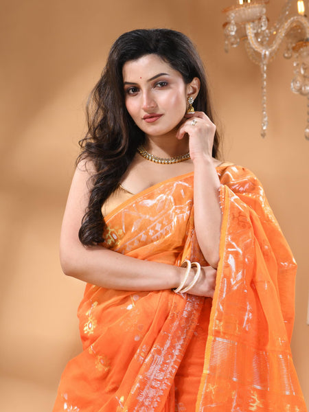dB DESH BIDESH Women's Soft Cotton Silk Jamdani Sarees For Women for Party, Wear Linen Silk Saree Zarikatha Design Cotton saree for woman Without Blouse piece (Lemon Orange)