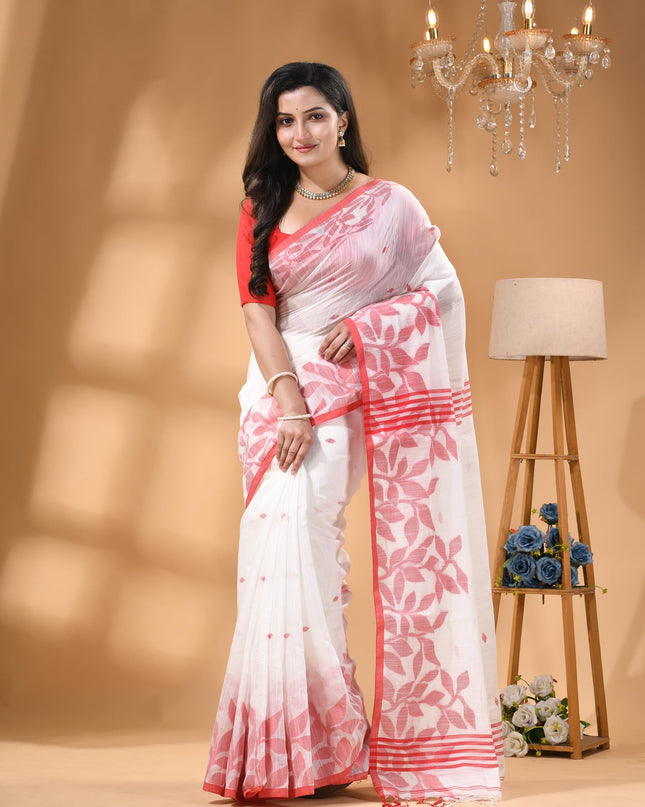 dB DESH BIDESH Women`s Cotton Linen Saree with Unstitched Blouse Piece and Floral Printed Pattern | Women Saree for Special Occasion | Stylish Fancy Cotton Silk Sarees (White Saree)