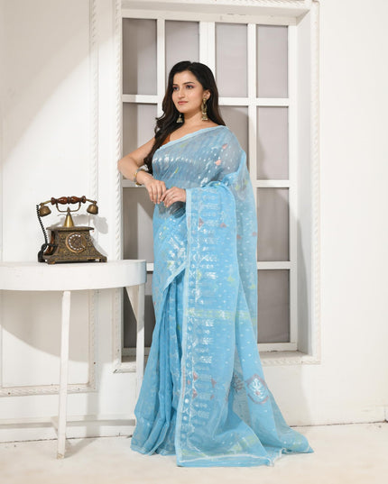 dB DESH BIDESH Women's Soft Cotton Silk Jamdani Sarees For Women for Party Festival Wedding Silk Saree GlamQueen Gold Work Design Without Blouse piece (Blue)