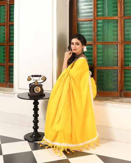 dB DESH BIDESH Women's Soft Cotton Saree For Woman Linen Cotton Komolika Fancy Lace Border Saree with Blouse | Saree For Womens