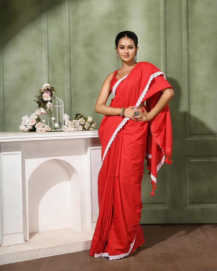 dB DESH BIDESH Women's Soft Cotton Saree For Woman Linen Cotton Komolika Fancy Lace Border Saree with Blouse | Saree For Womens