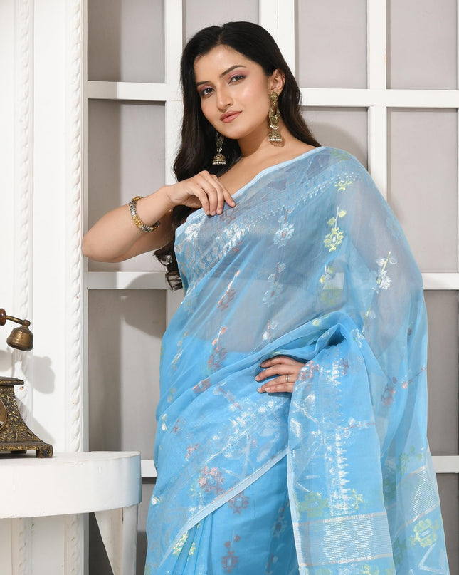 dB DESH BIDESH Women's Soft Cotton Silk Jamdani Sarees For Women for Party, Wear Linen Silk Saree Zarikatha Design Cotton saree for woman Without Blouse piece (Blue)