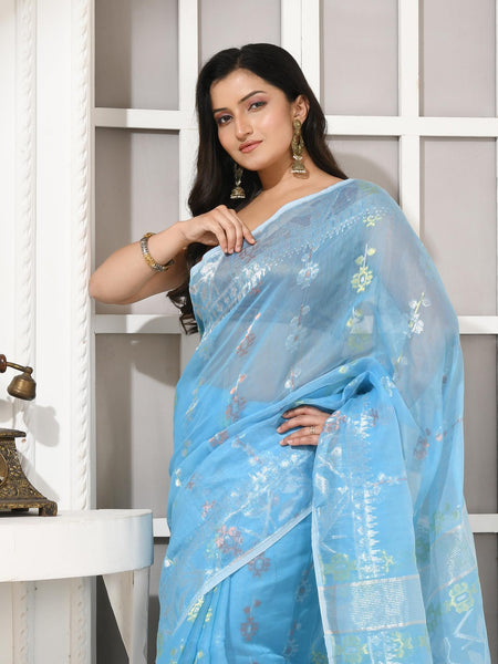 dB DESH BIDESH Women's Soft Cotton Silk Jamdani Sarees For Women for Party, Wear Linen Silk Saree Zarikatha Design Cotton saree for woman Without Blouse piece (Blue)