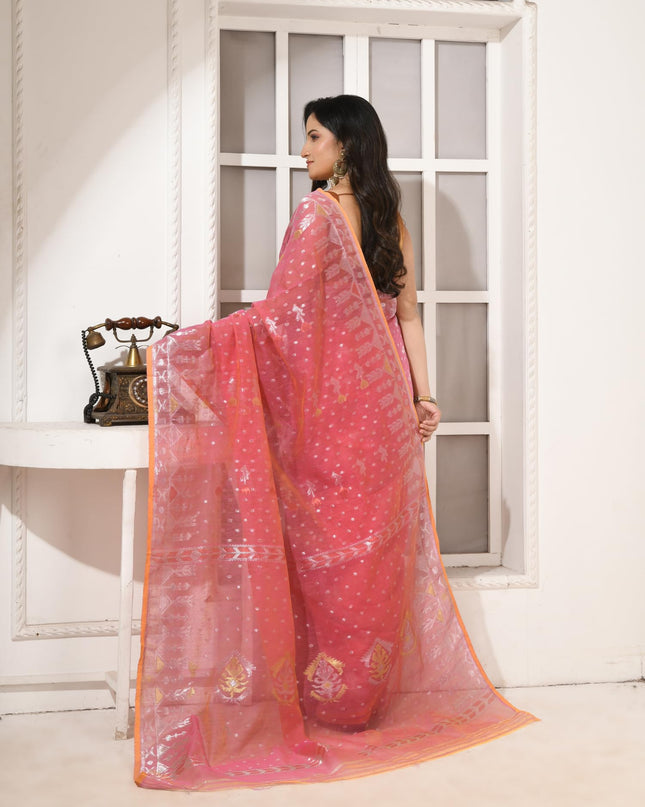 dB DESH BIDESH Women's Soft Cotton Silk Jamdani Sarees For Women for Party Festival Wedding Silk Saree GlamQueen Gold Work Design Without Blouse piece (Coral Pink)