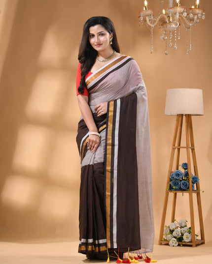 dB DESH BIDESH Women`s Mul Cotton Sarees Soft Zari Fancy Roshni Latest, Design Party, Wear Cotton Silk Saree For Woman With Blouse Piece (Grey Brown Golden)