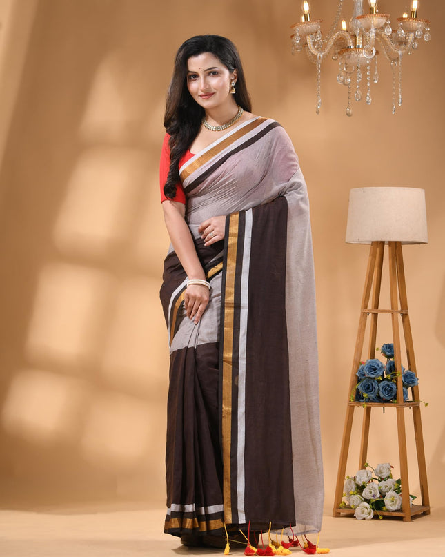 dB DESH BIDESH Women`s Mul Cotton Sarees Soft Zari Fancy Roshni Latest, Design Party, Wear Cotton Silk Saree For Woman With Blouse Piece (Grey Brown Golden)
