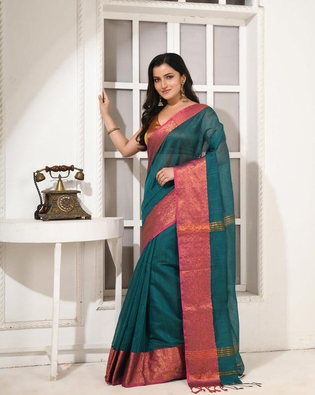 dB DESH BIDESH Women's Soft Cotton Linen Saree For Woman Kolkamoyee Trendy festival Silk Saree For Wedding Banarasi Style Pallu Sari With Blouse Piece (Bottle Green)
