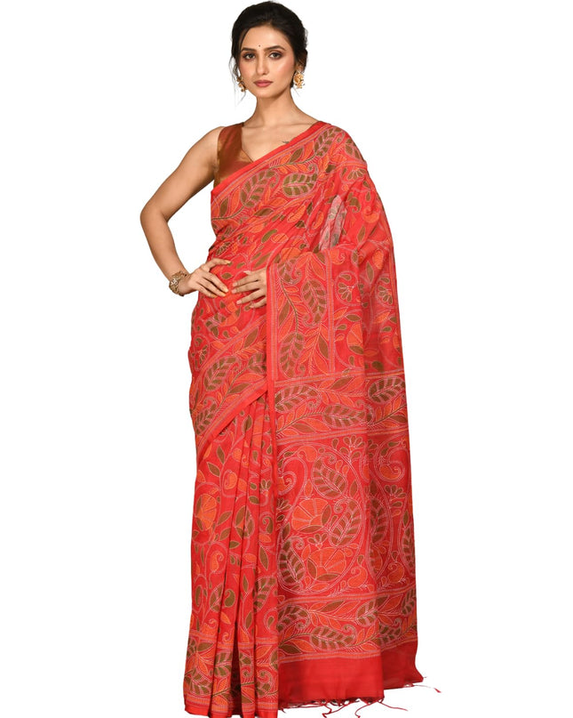 dB DESH BIDESH Women`s Cotton Saree For Woman Nakshakata Leaf kolka Embroidery Printed Trendy Soft Cotton Silk Women Sarees with Blouse Piece (RED)